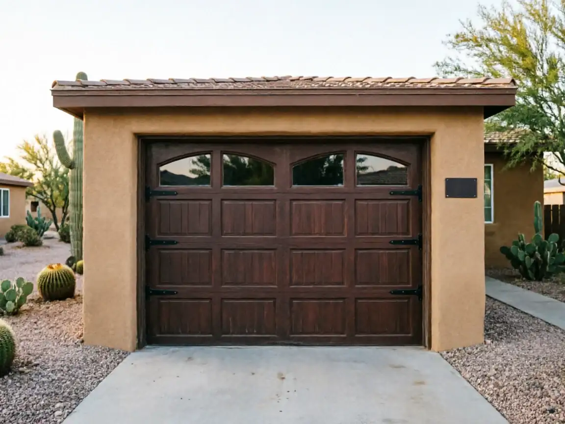 A brown garage door with windows is set in a stucco garage.