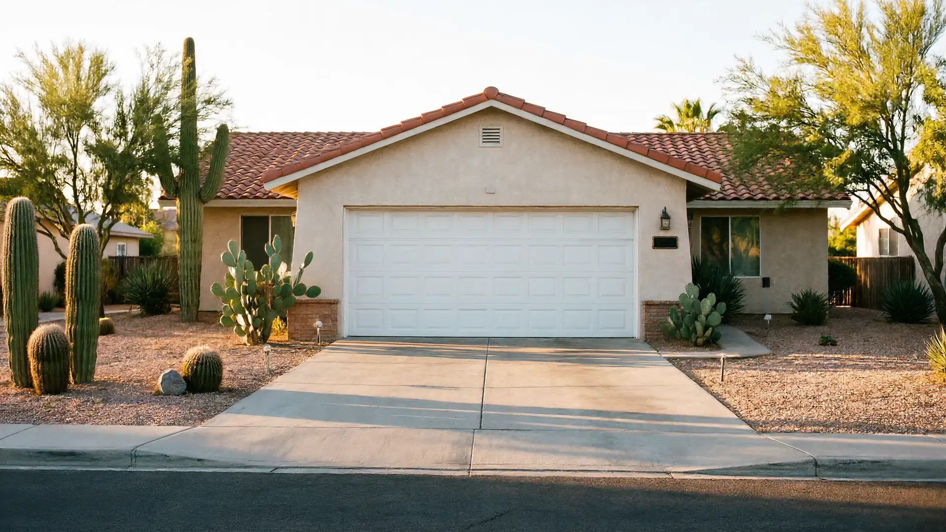 A house with a white garage door, a red tile roof, and desert landscaping.