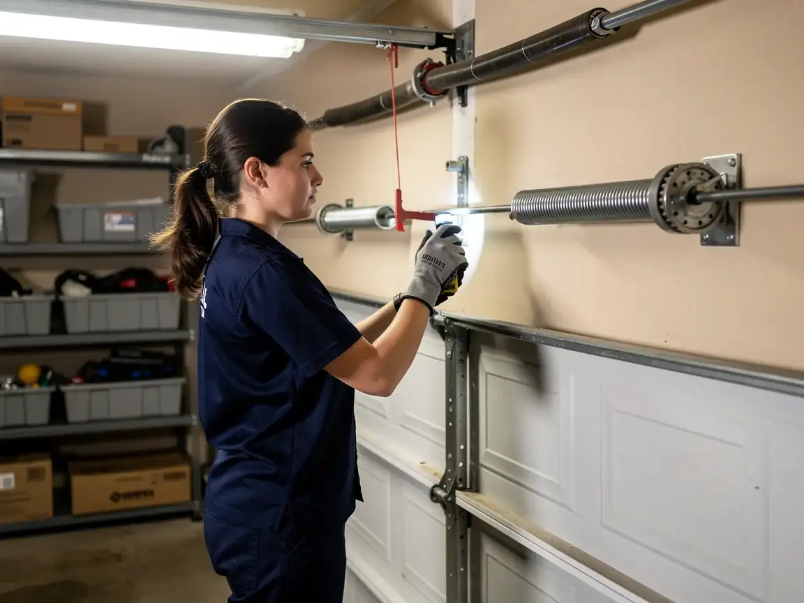 A technician shines a flashlight on a garage door torsion spring.