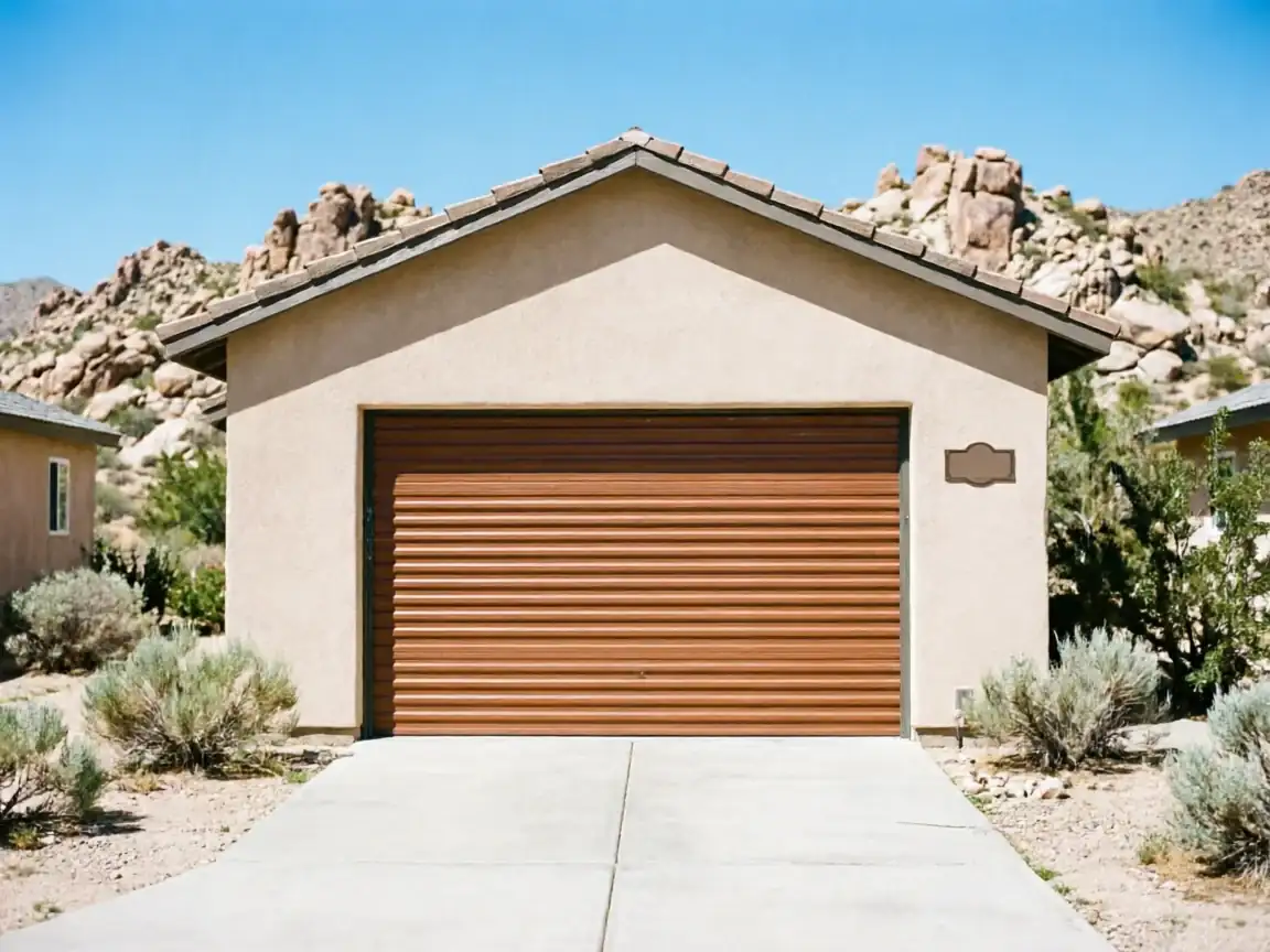 A beige garage with a brown roll-up door and a concrete driveway.